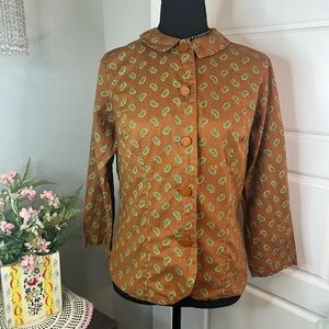 Vintage Handmade 50s 60s Brown Ditsy Paisley Button Up Blazer Blouse Sz S